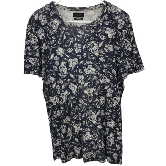 Zara Man 100% Linen Short Sleeve Crew Neck Semi Sheer Navy Floral Tee - Sz L - Picture 1 of 5